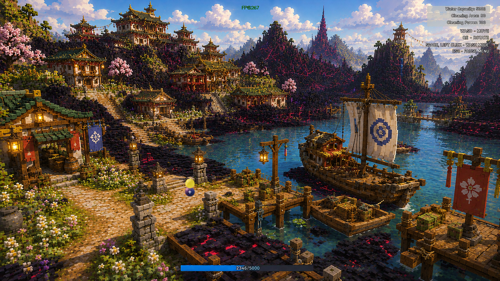 Washcloth 3D gameplay: a colourful lakeside village covered in dirt